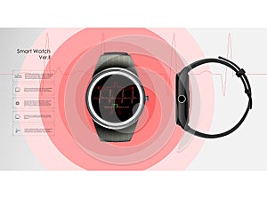 Smart watch with pulse measurement, control of health and training, vector illustration.